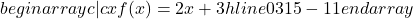  begin{array}{c|c} x & f(x) = 2x + 3  hline 0 & 3  1 & 5  -1 & 1  end{array} 